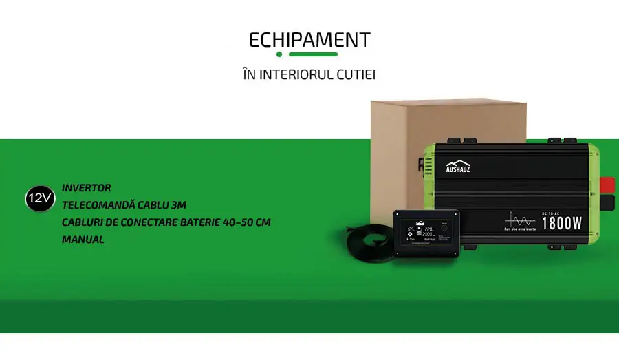 invertor 12-220 1800W - echipament: invertor, telecomandă, cablu de 3 m, cabluri de conectare a bateriei 40–50 cm, manual